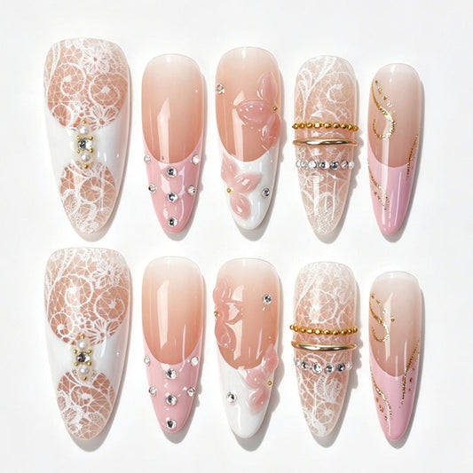 Long almond press‑on nails, blush nude pink french white lace print pink flower gold chain rhinestone spring fake nails