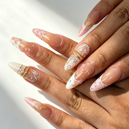 Sheer blush nude long almond reusable false nails pink french tip lace print
