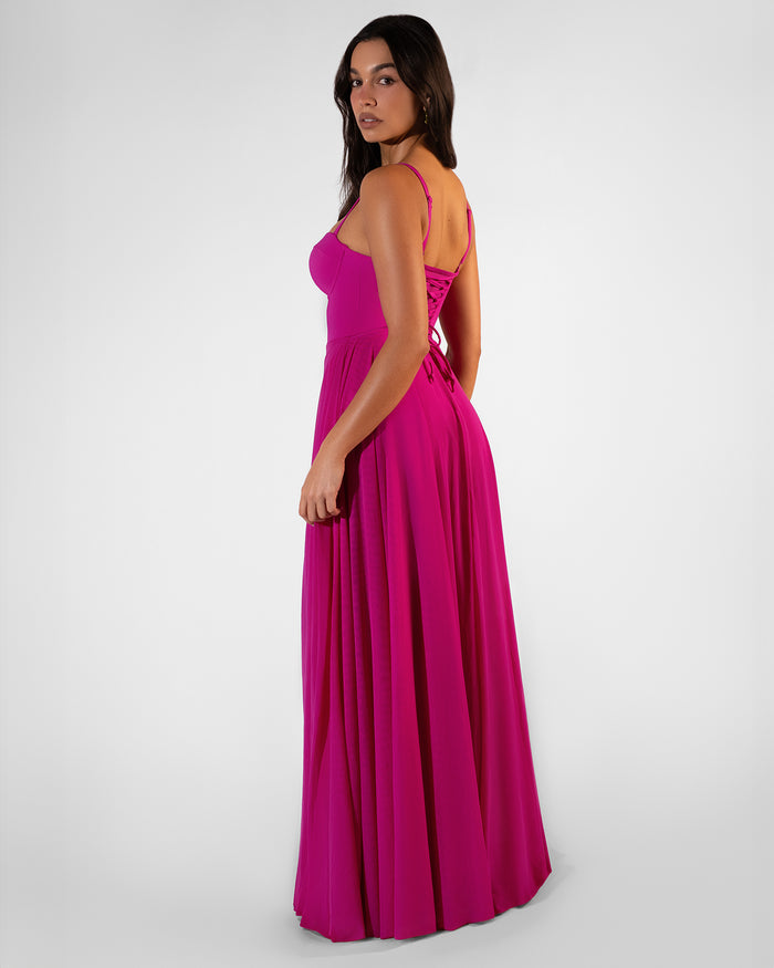 Back view of Bombshell Maxi Dress - Electric Fuchsia full body on model