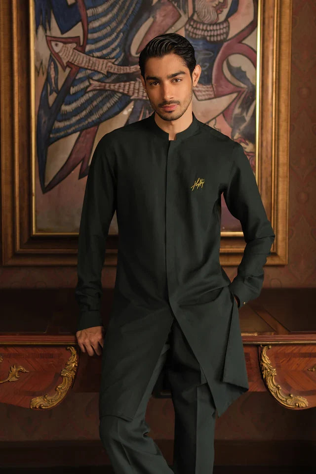 BOTTLE GREEN CHAMBRAY WASH N WEAR KURTA PAJAMA