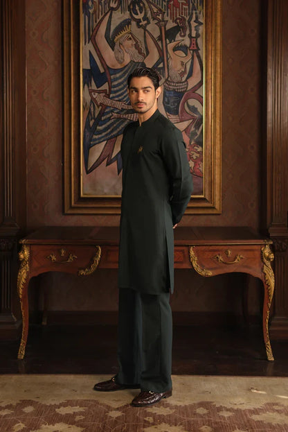 BOTTLE GREEN CHAMBRAY WASH N WEAR KURTA PAJAMA