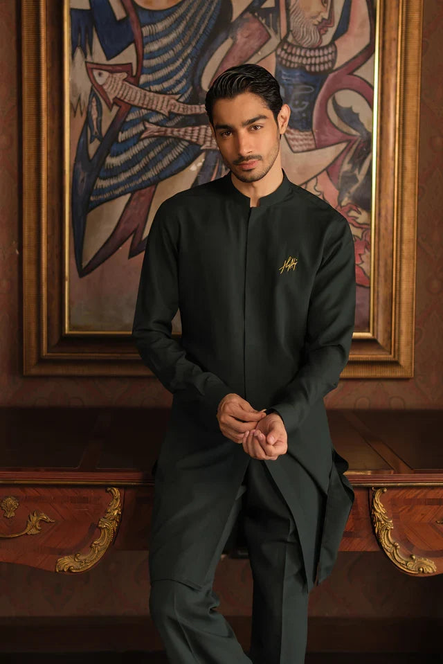 BOTTLE GREEN CHAMBRAY WASH N WEAR KURTA PAJAMA