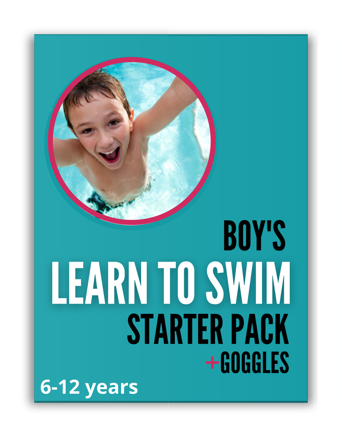 Boys learn swim starter pack with goggles on teal background