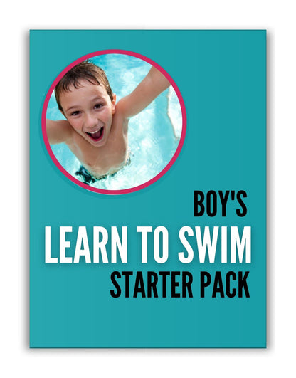 Boys learn swim starter pack on blue background with pink circle