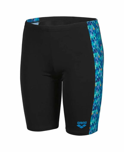 Boy's Arena swim jammer with blue and multi-colored pool tile pattern, designed for comfortable swimming and active water sports.