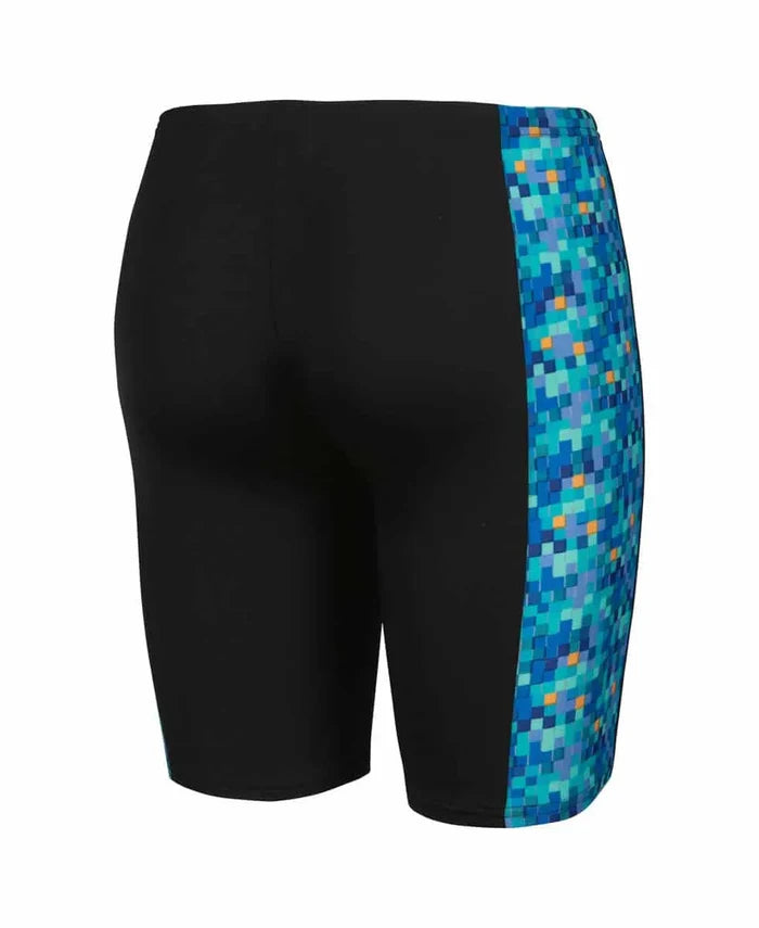 Blue and multi-colored Arena boys' pool tile swim jammers, stretchy and comfortable for swimming.
