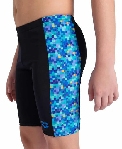 Blue and multi-colored Arena boys' pool tiles swim jammers, comfortable fit for swimming and water sports.