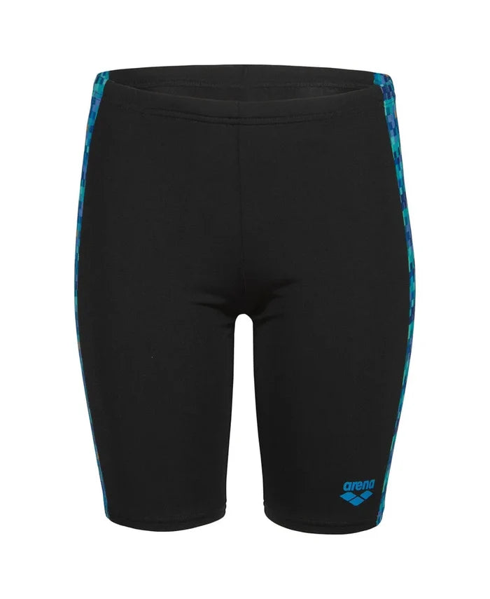 Blue and multi-colored Arena boys' pool tiles swim jammers, close-up of the fitted swimwear with tile pattern design.