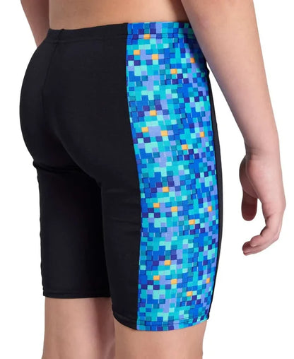 Blue and multi-colored boys' swim jammer by Arena with pool tile pattern, designed for comfortable swimming.