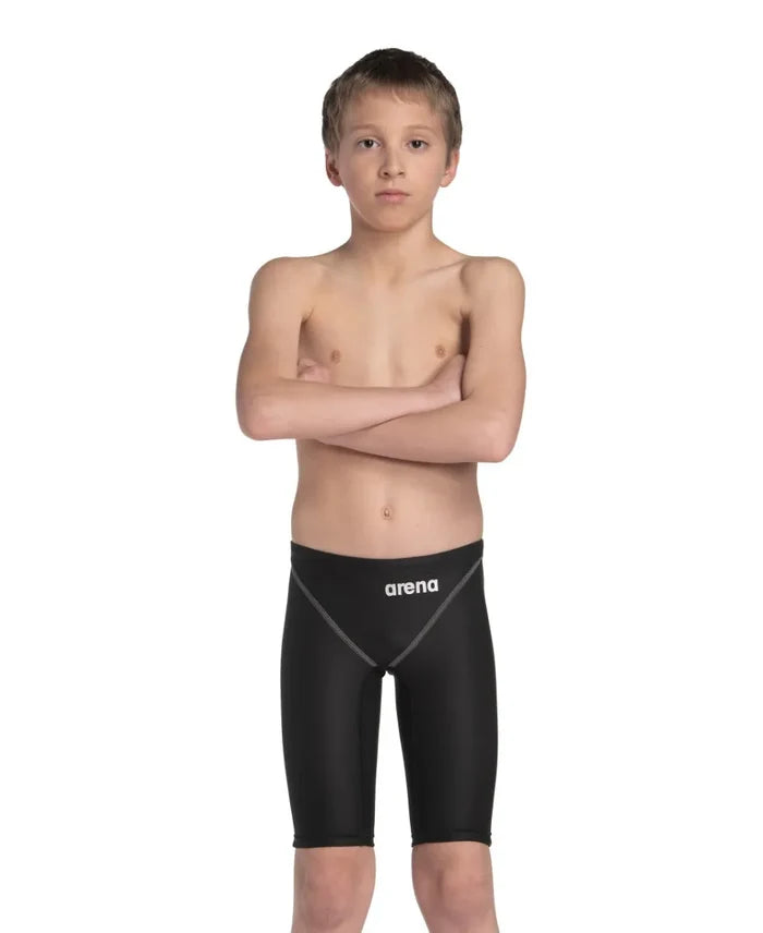 Black Boys Powerskin ST Next Jammer by Arena, close-up view showing sleek swimwear design for young swimmers.