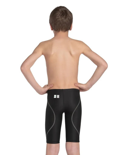 Black Arena Boys Powerskin ST Next Jammer, a sleek swim jammer designed for young swimmers, featuring a snug fit and durable fabric.