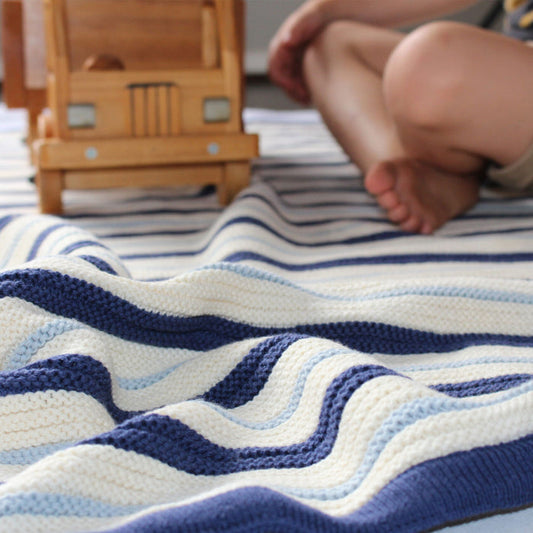 Branberry Striped Garter Knit Cot Blanket - Blue, Navy & Ivory