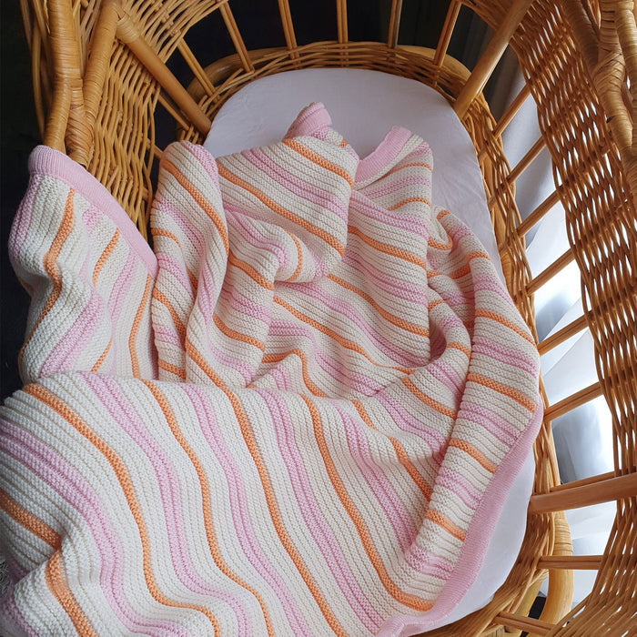 Branberry Striped Garter Knit Cot Blanket - Pink, Orange & Ivory