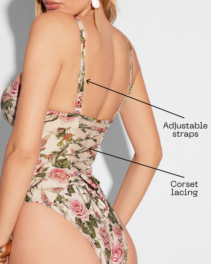 Detail graphic highlighting back lacing of Brazilian Bombshell - Thorny Rose