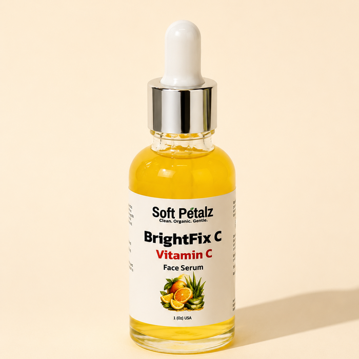 Bottle of Soft Petalz BrightFix C Vitamin C Face Serum on a beige background