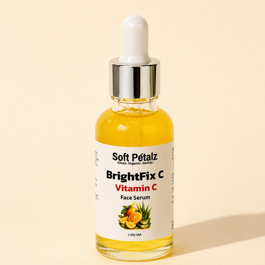 Bottle of Soft Petalz BrightFix C Vitamin C Face Serum on a beige background