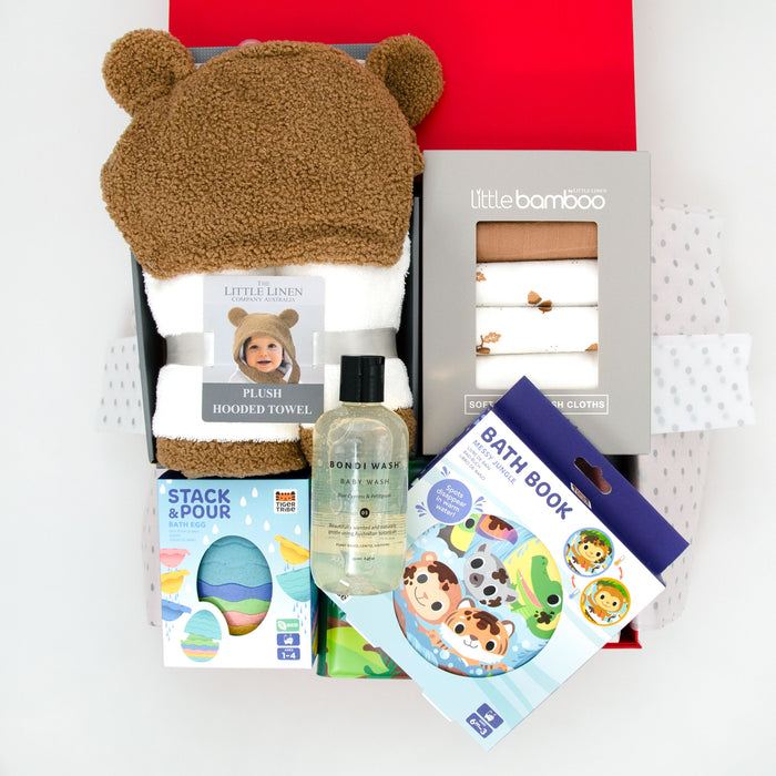 All gifts are beautifully presented in our signature chic red memory box, including:

Organic Bondi Wash Baby Hair &amp; Body Wash 250ml&nbsp;
Tiger Tribe Stack &amp; Pour Eco Egg Bath Toy
Tiger Tribe Messy Jungle Bath Book
Little Linen Bushland Bear Hooded Towel (75cm x 75cm)
Little Bamboo Muslin Washers - Iced Coffee 6 Pack
$135.00