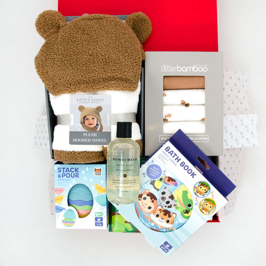 All gifts are beautifully presented in our signature chic red memory box, including:

Organic Bondi Wash Baby Hair &amp; Body Wash 250ml&nbsp;
Tiger Tribe Stack &amp; Pour Eco Egg Bath Toy
Tiger Tribe Messy Jungle Bath Book
Little Linen Bushland Bear Hooded Towel (75cm x 75cm)
Little Bamboo Muslin Washers - Iced Coffee 6 Pack
$135.00