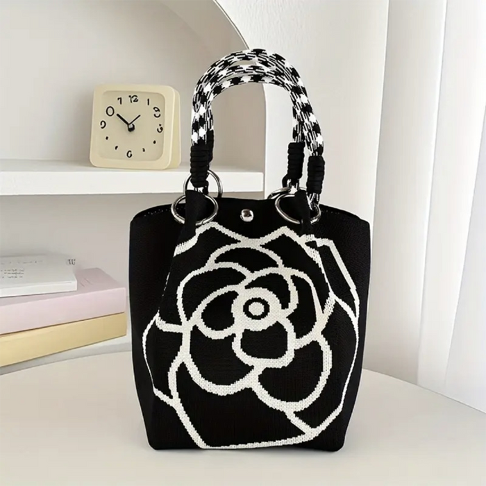 Camellia Black Knitted Casual Tote Bag