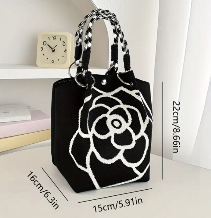 Camellia Black Knitted Casual Tote Bag