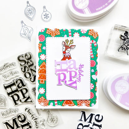 Catherine Pooler - Sentiments Stamp & Die Set - Holiday Stacks. Available at Embellish Away located in Bowmanville Ontario Canada. Example by Erika at Catherine Pooler Designs.