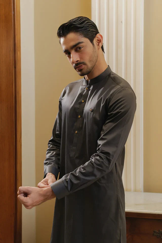 CEMENT GREY COTTON SATIN KURTA PAJAMA