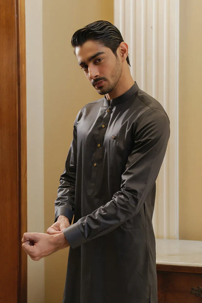 CEMENT GREY COTTON SATIN KURTA PAJAMA