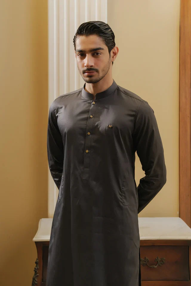 CEMENT GREY COTTON SATIN KURTA PAJAMA