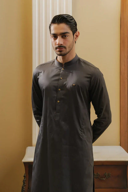 CEMENT GREY COTTON SATIN KURTA PAJAMA
