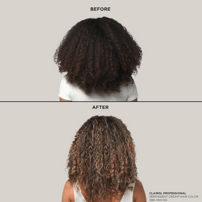 Clairol before and after curly hair transformation showing lighter highlights using BW2+ dedusted powder lightener