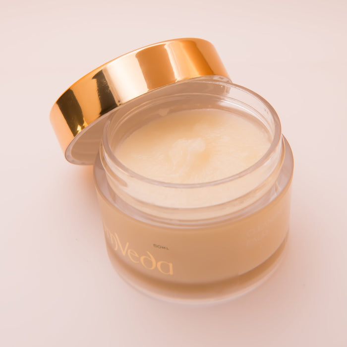 Cleansing balm jar with pale cream balm and gold open lid