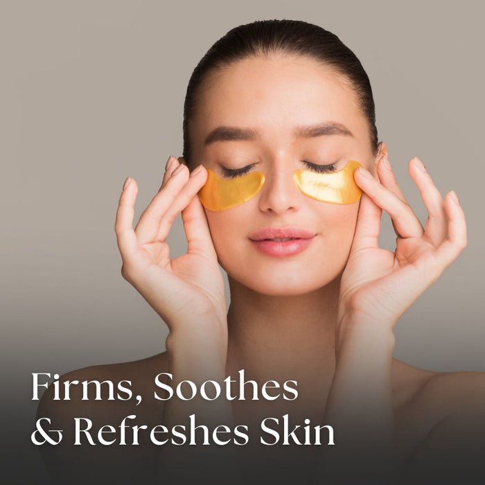 Woman wearing gold collagen eye patches with text 'Firms, Soothes & Refreshes Skin' on a neutral background