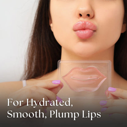 Woman holding a lip mask with text 'For Hydrated, Smooth, Plump Lips' on a white background