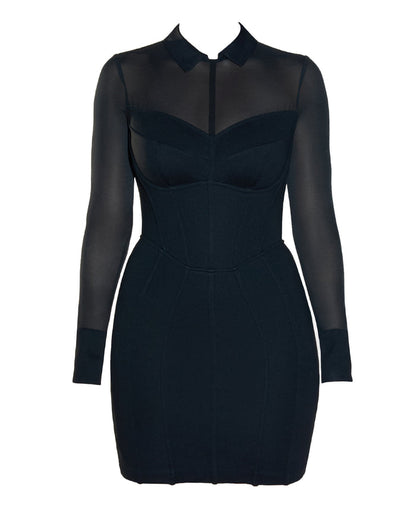 Collar Mesh Mini Dress - Black