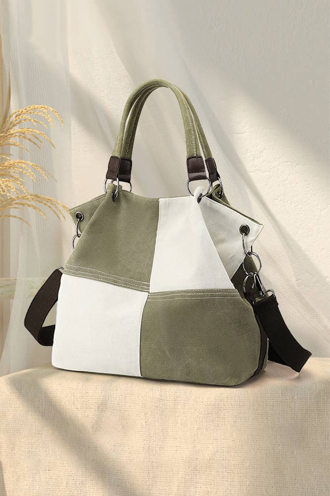 Colour-block Green Canvas Shoulder Bag