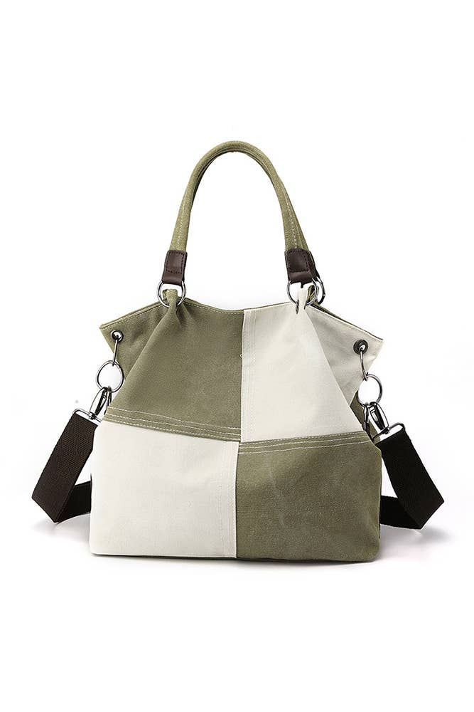 Colour-block Green Canvas Shoulder Bag