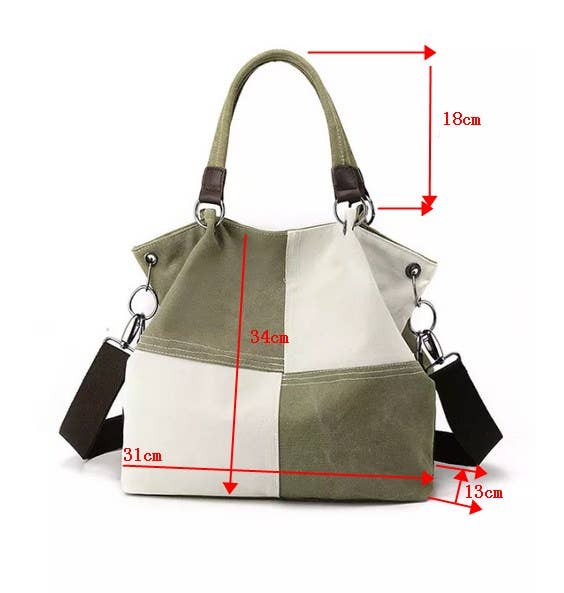 Colour-block Green Canvas Shoulder Bag