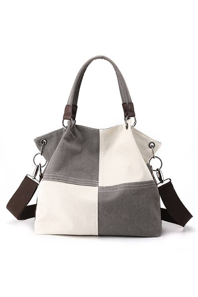 Colour-block Grey Canvas Shoulder Bag