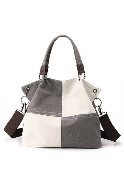 Colour-block Grey Canvas Shoulder Bag