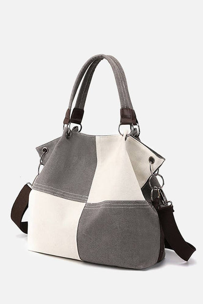 Colour-block Grey Canvas Shoulder Bag