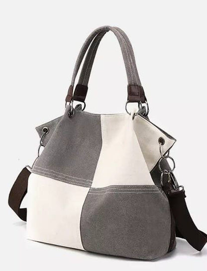 Colour-block Grey Canvas Shoulder Bag