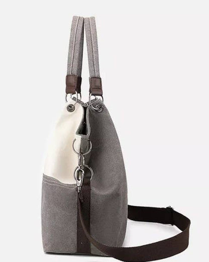 Colour-block Grey Canvas Shoulder Bag