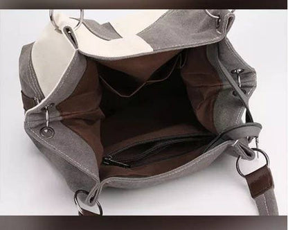 Colour-block Grey Canvas Shoulder Bag