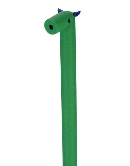 Green plastic dinosaur pony whistle noodle with purple horns and eyes