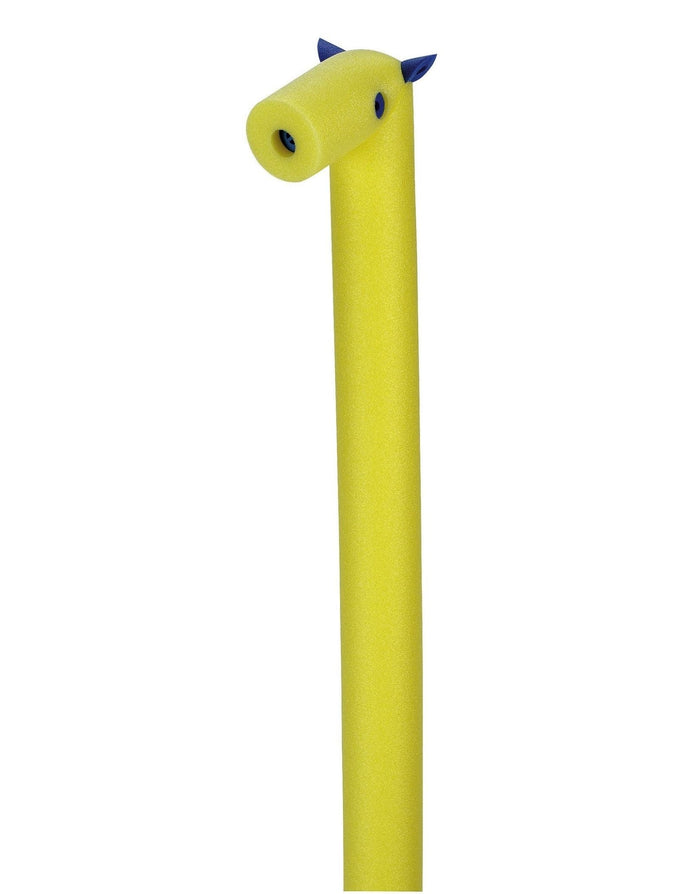 Fun yellow giraffe comfy pony whistle noodle with blue horns and eyes