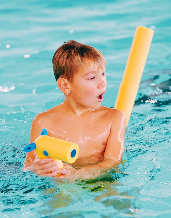 Yellow and blue comfy pony whistle noodle water gun with foam stick