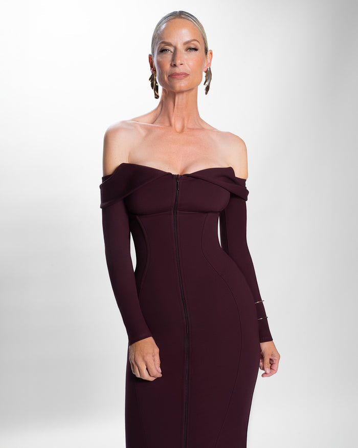 Model wearing Corsety Off Shoulder Long Sleeve Midi Dress - Garnet without removable straps front view