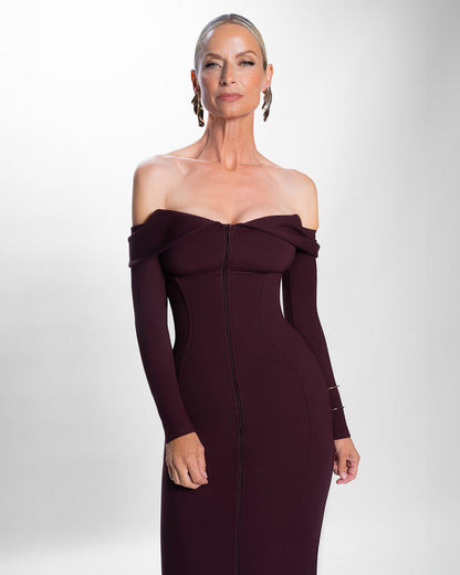 Model wearing Corsety Off Shoulder Long Sleeve Midi Dress - Garnet without removable straps front view