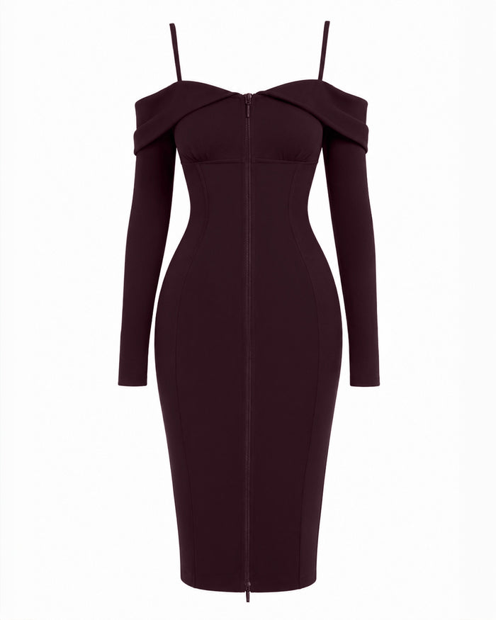 Outline image of Corsety Off Shoulder Long Sleeve Midi Dress - Garnet