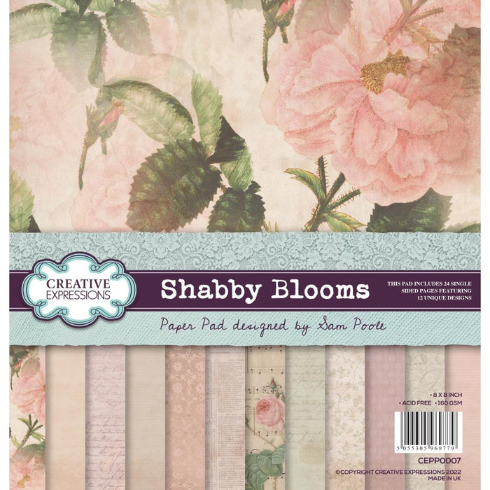 Creative Expressions - Sam Poole  8"x8" in Paper Pad - 160gsm - Shabby Blooms. This 8x8 inch Shabby Blooms paper pad designed by Sam Poole includes 24 single sided pages featuring 12 unique designs. 160gsm, Acid free. Available at Embellish Away located in Bowmanville Ontario Canada.